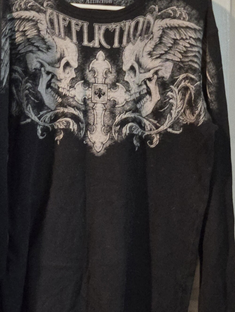Affliction Black Long Sleeve Graphic Tee with Gray Skull Cross Design